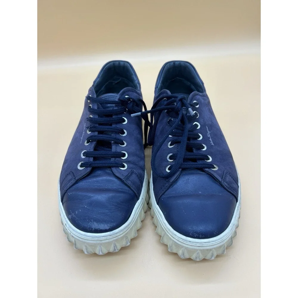 Salvatore Ferragamo Cube Mens 8.5 M Blue Suede Leather Sneakers Made Italy